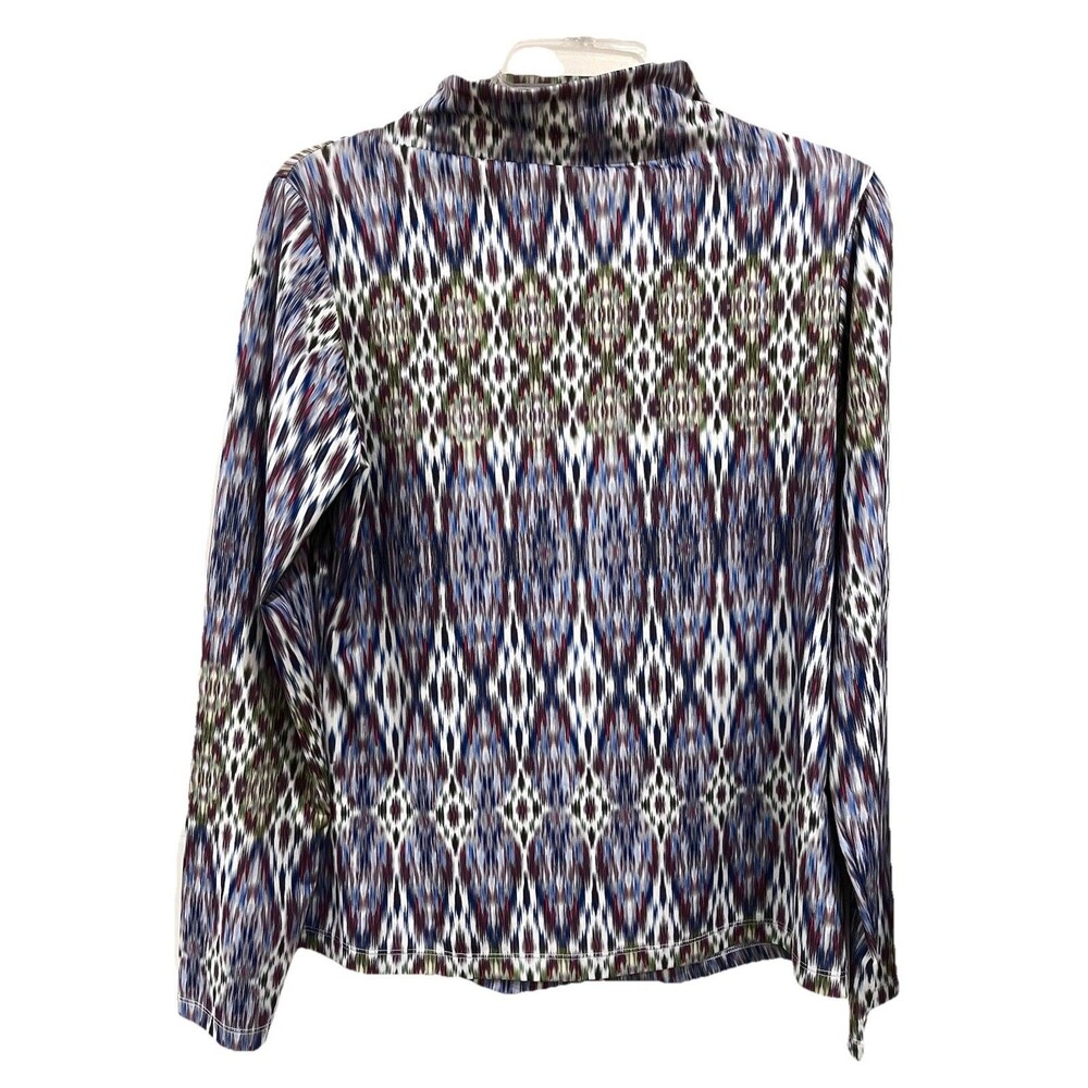 Iconic Long Sleeve Ikat Inspired Geometric Print Mock Neck Tee Medium Blue Green